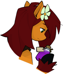 Size: 915x1086 | Tagged: safe, artist:dar, oc, oc only, oc:apple bloom, earth pony, pony, fanfic:song of seven, bottle, bust, earth pony oc, eyebrows, flower, flower in hair, potion, simple background, solo, transparent background, unshorn fetlocks