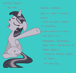 Size: 2774x2678 | Tagged: safe, artist:wardex101, twilight sparkle, alicorn, pony, g4, depressed, discorded, discorded twilight, eyes closed, female, floppy ears, folded wings, full body, high res, hooves, horn, lonely, lyrics, mare, open mouth, raised hoof, sad, simple background, singing, sitting, solo, song reference, tail, text, twilight sparkle (alicorn), twilight tragedy, wings