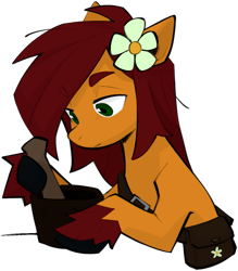 Size: 1025x1170 | Tagged: safe, artist:dar, oc, oc only, oc:apple bloom, earth pony, pony, fanfic:song of seven, bag, buckle, bust, earth pony oc, eyebrows, flower, flower in hair, hooves, mortar and pestle, satchel, simple background, solo, transparent background, unshorn fetlocks