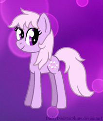 Size: 529x624 | Tagged: safe, artist:dinkydoostarshine, lickety-split, earth pony, pony, g1, g4, abstract background, cute, female, frizzy hair, full body, g1 licketybetes, g1 to g4, generation leap, mare, pink hair, pink mane, pink tail, purple background, purple eyes, purple text, smiling, solo, tail, text