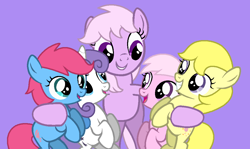 Size: 1003x598 | Tagged: safe, artist:horse-bases, artist:jigglewiggleinthepigglywiggle, baby cotton candy, baby cuddles, baby glory, baby lofty, lickety-split, earth pony, pegasus, pony, unicorn, g1, g4, baby, baby cottoncandybetes, baby cuddles being a tomboy, baby glorybetes, baby loftybetes, baby pony, base used, cuddlebetes, cute, female, filly, foal, g1 licketybetes, g1 to g4, generation leap, grin, group, group hug, hooves, hug, mare, no freckles, open mouth, open smile, purple background, simple background, smiling, tomboy