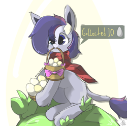 Size: 1500x1486 | Tagged: safe, artist:grithcourage, oc, oc only, oc:faith donk, donkey, pony town, basket, big ears, blue mane, clothes, ear fluff, easter, easter basket, easter egg, egg, eye clipping through hair, female, gray coat, holiday, long tail, mare, mouth hold, scarf, simple background, simple shading, solo, speech bubble, tail
