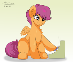 Size: 2000x1700 | Tagged: safe, artist:astrum, scootaloo, pegasus, pony, g4, chest fluff, cute, cutealoo, digital art, eye clipping through hair, eyebrows, eyebrows visible through hair, female, filly, foal, full body, gradient background, happy, looking down, playing, sitting, skateboard, small wings, smiling, solo, spread wings, toy, wings