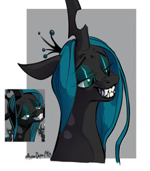 Size: 1303x1484 | Tagged: safe, artist:superduperath, idw, queen chrysalis, changeling, changeling queen, g4, the return of queen chrysalis, spoiler:comic, eyeshadow, fangs, female, grin, lidded eyes, makeup, reference, scene interpretation, smiling, solo, teeth