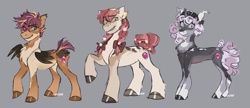 Size: 2702x1167 | Tagged: safe, artist:sannateacupss, apple bloom, scootaloo, sweetie belle, earth pony, pegasus, pony, unicorn, g4, alternate design, alternate hairstyle, bow, braid, braided tail, coat markings, colored hooves, colored wings, curly hair, cutie mark crusaders, ear tufts, facial markings, flower, flower in hair, hair accessory, hair bow, looking at someone, redesign, smiling, smirk, tail, wings