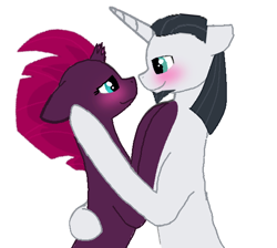 Size: 586x524 | Tagged: safe, artist:cahansentoth, artist:decokenite, chancellor neighsay, fizzlepop berrytwist, tempest shadow, pony, unicorn, g4, base used, broken horn, caress, duo, ears back, female, floppy ears, horn, looking at each other, looking at someone, male, mare, shipping, simple background, sitting, stallion, straight, tempest neighsay, white background