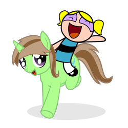 Size: 2000x2000 | Tagged: safe, artist:grapefruit-face, artist:xxpinklunaxx, oc, oc:limey lulamoon, base used, bubbles (powerpuff girls), duo, eyes closed, galloping, happy, high res, looking at you, parents:grapexie, riding a pony, running, show accurate, simple background, the powerpuff girls, transparent background