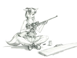 Size: 1500x1131 | Tagged: safe, artist:baron engel, coco pommel, earth pony, anthro, g4, clothes, female, grayscale, gun, mare, monochrome, pants, pencil drawing, rifle, shoes, sniper, sniper rifle, solo, story in the source, story included, tank top, traditional art, weapon