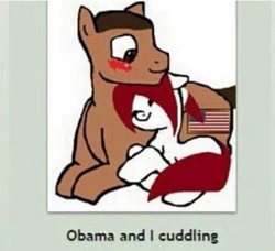 Size: 1079x985 | Tagged: artist needed, safe, oc, earth pony, pony, abstract background, american flag, barack obama, blushing, cuddling, deviantart, duo, earth pony oc, every day we stray further from god's light, female, male, mare, meme, ponified, stallion, straight, white background