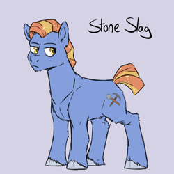 Size: 768x768 | Tagged: safe, artist:smirk, oc, oc only, oc:stone slag, earth pony, pony, blue background, earth pony oc, fluffy, frown, full body, hooves, lidded eyes, simple background, solo, standing, tail, unshorn fetlocks