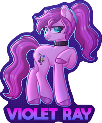 Size: 3025x3651 | Tagged: safe, artist:fannytastical, oc, oc only, oc:violet ray, earth pony, pony, badge, bedroom eyes, choker, colored hooves, ear fluff, eyebrows, eyebrows visible through hair, female, high res, hoof polish, hooves, mane, mare, ponytail, raised hoof, raised leg, simple background, smiling, smirk, solo, tail, transparent background