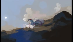 Size: 2636x1536 | Tagged: safe, artist:celestiawept, rainbow dash, pegasus, pony, g4, cloud, day, female, high res, looking away, lying down, mare, mountain, on a cloud, outdoors, prone, sketch, solo