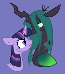 Size: 742x837 | Tagged: safe, artist:rockin_candies, queen chrysalis, twilight sparkle, alicorn, changeling, changeling queen, pony, g4, angry, duo, female, glare, horn, lesbian, looking at each other, looking at someone, purple background, ship:twisalis, shipping, simple background, smiling, smug, twilight sparkle (alicorn), wings