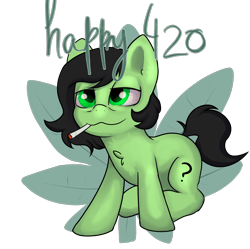 Size: 2728x2721 | Tagged: safe, artist:dumbwoofer, oc, oc:filly anon, earth pony, pony, 420, bloodshot eyes, chest fluff, drugs, female, filly, high, high res, joint, marijuana, simple background, smiling, smoking, solo, stoned, transparent background