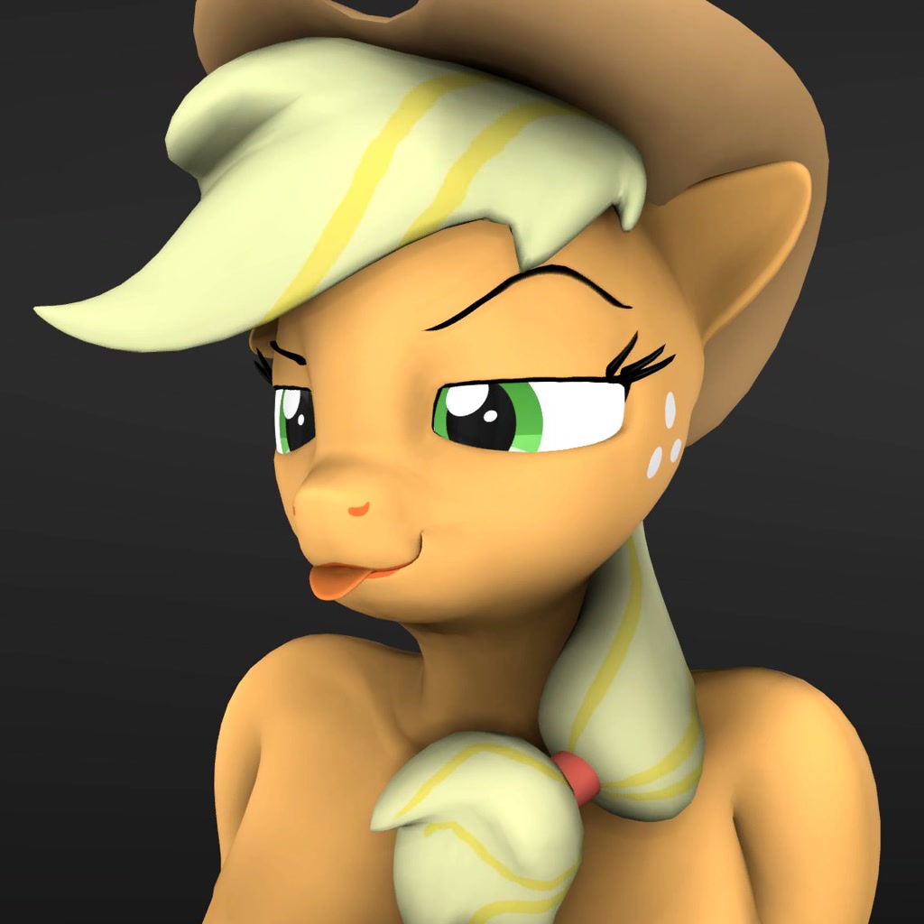 2849647 - safe, artist:tkaloniesfm, applejack, earth pony, anthro, g4, 3d,  bare shoulders, black background, breasts, female, lidded eyes, mare,  simple background, source filmmaker, tongue out - Derpibooru