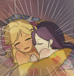 Size: 1920x1968 | Tagged: safe, artist:tcn1205, edit, applejack, rarity, human, equestria girls, equestria girls series, g4, sunset's backstage pass!, spoiler:eqg series (season 2), adorasexy, aftersex, bed, bite mark, biting, blanket, cropped, cuddling, cute, duo, duo female, eyes closed, female, jackabetes, lesbian, love bite, nudity, open mouth, partial nudity, raribetes, sexy, ship:rarijack, shipping, sleeping