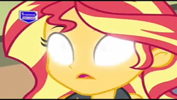 Size: 1280x720 | Tagged: safe, edit, edited screencap, screencap, sunset shimmer, human, equestria girls, g4, my little pony equestria girls: better together, overpowered (equestria girls), blank eyes, glowing, glowing eyes, open mouth, perdana record, white eyes