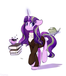 Size: 4898x5584 | Tagged: safe, artist:laymy, starlight glimmer, pony, unicorn, g4, absurd resolution, alternate hairstyle, book, cake, clothes, cup, cute, female, flower, food, glimmerbetes, looking at you, loose hair, magic, mare, raised hoof, redesign, s5 starlight, simple background, solo, spoon, sweater, teacup, telekinesis, white background