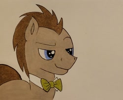 Size: 1724x1405 | Tagged: safe, artist:polar_storm, doctor whooves, time turner, earth pony, pony, g4, blue eyes, bowtie, colored, male, simple background, smiling, smug, solo, stallion, traditional art, white background