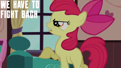 Size: 1280x720 | Tagged: safe, edit, edited screencap, editor:quoterific, screencap, apple bloom, earth pony, pony, g4, one bad apple, season 3, apple bloom's bow, bow, female, filly, foal, hair bow, open mouth, solo, text