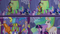 Size: 1280x720 | Tagged: safe, edit, edited screencap, editor:quoterific, screencap, discord, princess celestia, princess luna, starlight glimmer, thorax, trixie, twilight sparkle, alicorn, changedling, changeling, draconequus, pony, unicorn, celestial advice, g4, season 7, :o, ^^, cape, clothes, crown, cute, eyes closed, female, hat, jewelry, king thorax, male, mare, open mouth, open smile, regalia, smiling, text, trixie's cape, trixie's hat, twiabetes, twilight sparkle (alicorn), twilight's castle