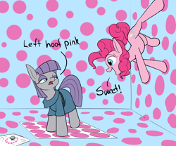Size: 2400x2000 | Tagged: safe, artist:rocket-lawnchair, boulder (g4), maud pie, pinkie pie, earth pony, pony, g4, cartoon physics, dialogue, eye contact, eyeshadow, female, high res, looking at each other, looking at someone, makeup, mare, open mouth, open smile, pinkie being pinkie, pinkie physics, rock, smiling, twister