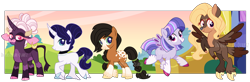 Size: 5362x1762 | Tagged: safe, artist:interstellar-quartz, oc, oc only, oc:alouette, oc:cordelia, oc:spiral starchatcher, oc:velvet streak, oc:wildflower, cow, cow pony, deer, deer pony, earth pony, original species, pegasus, peryton, pony, unicorn, bald face, blaze (coat marking), braid, braided tail, coat markings, colored hooves, colored pinnae, colored wings, ear piercing, earring, facial markings, feathered fetlocks, horn, horns, jewelry, looking at you, necklace, pale belly, piercing, snip (coat marking), socks (coat markings), tail, two toned wings, unshorn fetlocks, wings