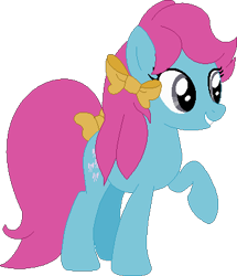 Size: 341x396 | Tagged: safe, artist:selenaede, artist:victorfazbear, artist:wolframlogistics, bow tie (g1), earth pony, pony, g1, g4, base used, bow, cute, female, g1 to g4, generation leap, gray eyes, grin, hair bow, mare, pink hair, pink mane, pink tail, raised hoof, simple background, smiling, tail, tail bow, tieabetes, transparent background