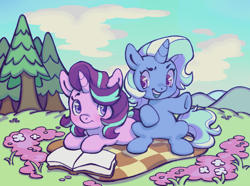 Size: 1134x842 | Tagged: safe, artist:fluttershyes, starlight glimmer, trixie, pony, unicorn, g4, blanket, book, cloud, duo, female, flower, grass, grass field, looking at each other, looking at someone, lying down, mare, open mouth, outdoors, picnic, picnic blanket, prone, sitting, tree