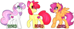Size: 1280x512 | Tagged: safe, artist:missbramblemele, apple bloom, scootaloo, sweetie belle, earth pony, pegasus, pony, unicorn, g4, apple bloom's bow, best pony, bow, cutie mark crusaders, eye clipping through hair, eyebrows, eyebrows visible through hair, female, filly, foal, grin, hair bow, raised hoof, simple background, smiling, sparkly eyes, spread wings, the cmc's cutie marks, transparent background, trio, trio female, wingding eyes, wings