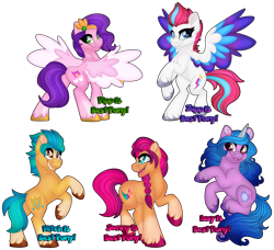 Size: 1280x1167 | Tagged: safe, artist:missbramblemele, hitch trailblazer, izzy moonbow, pipp petals, sunny starscout, zipp storm, earth pony, pegasus, pony, unicorn, g5, best pony, butt, colored wings, eye clipping through hair, female, grin, looking at you, looking back, looking back at you, male, mane five, mare, multicolored wings, open mouth, open smile, pipp butt, plot, rear view, rearing, simple background, smiling, smiling at you, spread wings, stallion, standing on two hooves, transparent background, wings