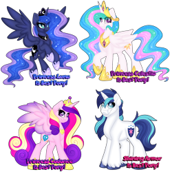 Size: 1280x1295 | Tagged: safe, artist:missbramblemele, princess cadance, princess celestia, princess luna, shining armor, alicorn, pony, unicorn, g4, best pony, crown, female, jewelry, looking at you, male, mare, regalia, simple background, smiling, smiling at you, sparkly eyes, stallion, standing, transparent background, wingding eyes