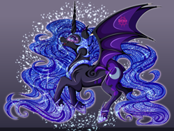 Size: 4000x3000 | Tagged: safe, artist:0daimon0, nightmare moon, alicorn, pony, g4, bat wings, blue mane, blue tail, colored pupils, commission, ethereal mane, female, flowing mane, flowing tail, gray background, green eyes, hoof shoes, horn, lidded eyes, mare, open mouth, peytral, simple background, smiling, solo, sparkles, spread wings, starry mane, starry tail, tail, teeth, wings