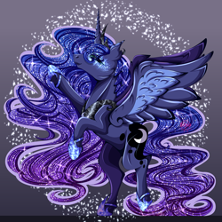 Size: 4000x4000 | Tagged: safe, artist:0daimon0, princess luna, alicorn, pony, g4, blue mane, blue tail, commission, crown, ethereal mane, ethereal tail, feather, female, flowing mane, flowing tail, gray background, green eyes, hoof shoes, horn, jewelry, lidded eyes, mare, peytral, raised hoof, regalia, simple background, smiling, solo, sparkles, spread wings, tail, wings