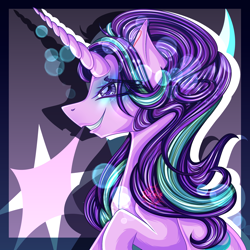 Size: 2500x2500 | Tagged: safe, artist:0daimon0, starlight glimmer, pony, unicorn, g4, cutie mark, cutie mark background, eyelashes, female, gray background, high res, horn, mare, purple eyes, purple mane, shadow, simple background, smiling, solo, teeth