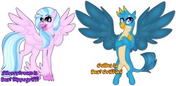 Size: 1280x625 | Tagged: safe, artist:missbramblemele, gallus, silverstream, classical hippogriff, griffon, hippogriff, g4, best pony, crossed arms, duo, female, happy, jewelry, male, necklace, open mouth, open smile, simple background, smiling, sparkly eyes, spread wings, transparent background, wingding eyes, wings