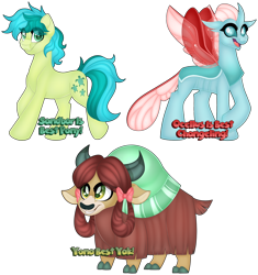 Size: 1280x1362 | Tagged: safe, artist:missbramblemele, ocellus, sandbar, yona, changedling, changeling, pony, yak, g4, best pony, bow, cloven hooves, colt, female, foal, hair bow, male, monkey swings, simple background, sparkly eyes, transparent background, wingding eyes