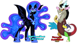 Size: 1280x722 | Tagged: safe, artist:missbramblemele, discord, nightmare moon, alicorn, draconequus, pony, g4, antagonist, best pony, duo, grin, name, simple background, smiling, sparkly eyes, transparent background, vector, villainess, wingding eyes