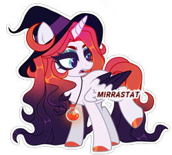 Size: 2952x2671 | Tagged: safe, artist:mirrastat, oc, oc only, alicorn, pony, alicorn oc, base used, colored wings, eyelashes, female, hat, high res, hoof polish, horn, jewelry, looking back, makeup, mare, necklace, simple background, solo, transparent background, two toned wings, wings, witch hat