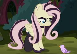 Size: 823x572 | Tagged: safe, artist:anonymous, edit, edited screencap, screencap, fluttershy, mean fluttershy, bird, pegasus, pony, season 8, the mean 6, spoiler:s08, choker, clone, clothes, dyed mane, ear piercing, emoshy, everfree forest, eye contact, eyeshadow, female, forest, frown, garter belt, garters, goth, hoof shoes, looking at each other, looking at someone, looking down, makeup, mare, piercing, sad, stockings, thigh highs
