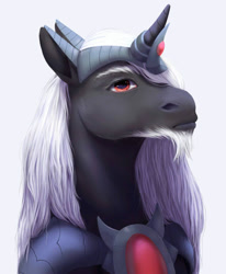 Size: 892x1080 | Tagged: safe, artist:pessadie, oc, oc only, pony, unicorn, armor, beard, bust, facial hair, horn, male, simple background, solo, stallion, unicorn oc