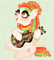Size: 1994x2216 | Tagged: safe, artist:whohwo, oc, oc only, earth pony, pony, base used, bracelet, dreadlocks, earth pony oc, eyelashes, female, guitar, hippie, jewelry, looking up, mare, musical instrument, smiling, solo