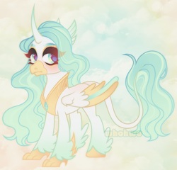Size: 2249x2162 | Tagged: safe, artist:whohwo, oc, oc only, classical hippogriff, hippogriff, abstract background, base used, eyelashes, female, high res, hippogriff oc, horn, leonine tail, makeup, mare, peytral, smiling, tail