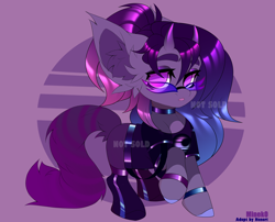 Size: 7512x6080 | Tagged: safe, artist:henori_artist, oc, oc only, earth pony, pony, abstract background, choker, clothes, ear fluff, earth pony oc, eyelashes, female, glasses, latex clothes, makeup, mare, smiling, solo, sunglasses