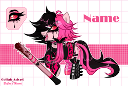 Size: 4000x2700 | Tagged: safe, artist:henori_artist, oc, oc only, earth pony, pony, base used, baseball bat, boots, clothes, demonia swing 815, earth pony oc, eyelashes, female, goth, makeup, mare, red eyes, reference sheet, running makeup, shoes, smiling, solo, tongue out
