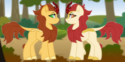 Size: 2400x1200 | Tagged: safe, artist:purplegrim40, oc, oc only, kirin, cloven hooves, duo, horn, kirin oc, leonine tail, outdoors, smiling, tail, tree