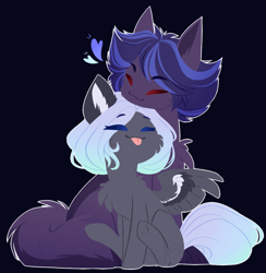 Size: 1059x1085 | Tagged: safe, artist:purplegrim40, oc, oc only, pegasus, pony, chest fluff, cuddling, dark background, duo, female, mare, oc x oc, pegasus oc, shipping, sitting