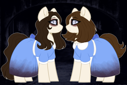 Size: 1800x1200 | Tagged: safe, artist:purplegrim40, oc, oc only, earth pony, pony, abstract background, bags under eyes, black background, clothes, dress, duo, earth pony oc, female, mare, siblings, twins