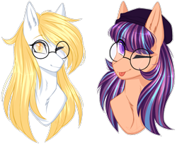 Size: 1247x1025 | Tagged: safe, artist:purplegrim40, oc, oc only, earth pony, pony, :p, beret, bust, duo, earth pony oc, female, glasses, hat, mare, one eye closed, simple background, tongue out, transparent background, wink