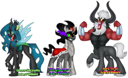 Size: 1280x782 | Tagged: safe, artist:missbramblemele, king sombra, lord tirek, queen chrysalis, centaur, changeling, changeling queen, pony, unicorn, taur, g4, antagonist, crown, female, jewelry, male, mare, regalia, simple background, sparkly eyes, stallion, standing, transparent background, wingding eyes